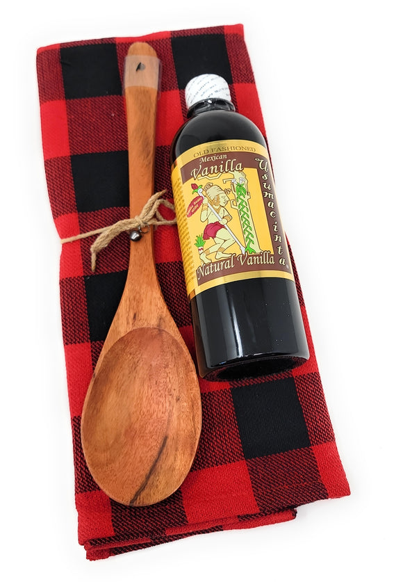 Usumacinta Vanilla Christmas Gift Set: Pure Amber Vanilla 16.8oz, Wooden Spoon, Tea Towel